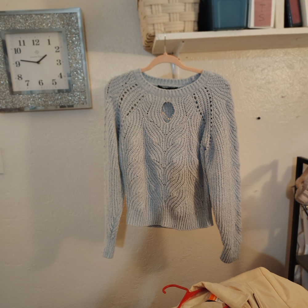 White House Black Market Light Blue Sweater with knitted opening in the front - Picture 7 of 8
